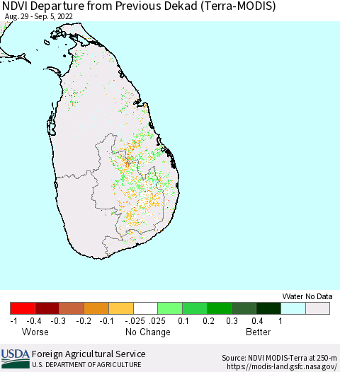 Sri Lanka NDVI Departure from Previous Dekad (Terra-MODIS) Thematic Map For 9/1/2022 - 9/10/2022