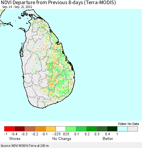 Sri Lanka NDVI Departure from Previous 8-days (Terra-MODIS) Thematic Map For 9/14/2022 - 9/21/2022
