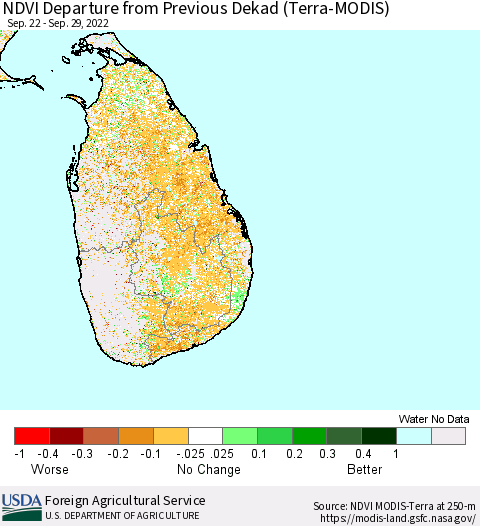 Sri Lanka NDVI Departure from Previous Dekad (Terra-MODIS) Thematic Map For 9/21/2022 - 9/30/2022
