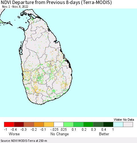 Sri Lanka NDVI Departure from Previous 8-days (Terra-MODIS) Thematic Map For 11/1/2022 - 11/8/2022