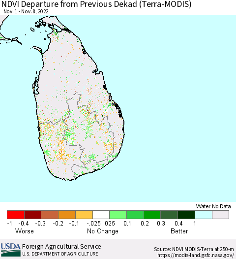 Sri Lanka NDVI Departure from Previous Dekad (Terra-MODIS) Thematic Map For 11/1/2022 - 11/10/2022