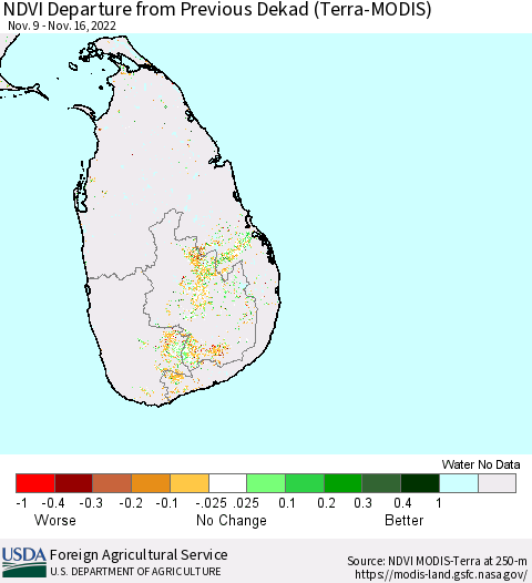 Sri Lanka NDVI Departure from Previous Dekad (Terra-MODIS) Thematic Map For 11/11/2022 - 11/20/2022