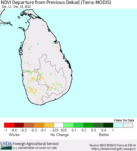 Sri Lanka NDVI Departure from Previous Dekad (Terra-MODIS) Thematic Map For 12/11/2022 - 12/20/2022