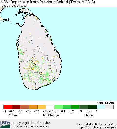 Sri Lanka NDVI Departure from Previous Dekad (Terra-MODIS) Thematic Map For 12/21/2022 - 12/31/2022