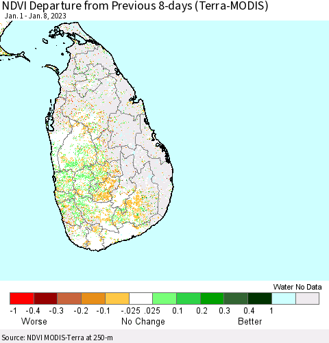 Sri Lanka NDVI Departure from Previous 8-days (Terra-MODIS) Thematic Map For 1/1/2023 - 1/8/2023
