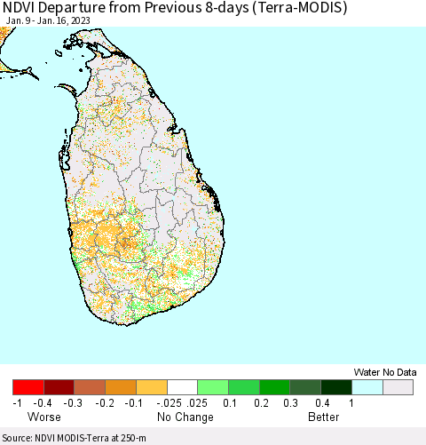 Sri Lanka NDVI Departure from Previous 8-days (Terra-MODIS) Thematic Map For 1/9/2023 - 1/16/2023