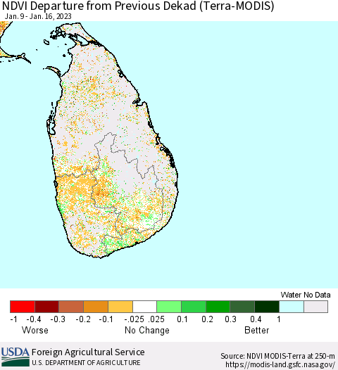 Sri Lanka NDVI Departure from Previous Dekad (Terra-MODIS) Thematic Map For 1/11/2023 - 1/20/2023