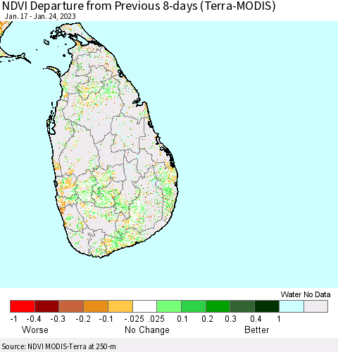 Sri Lanka NDVI Departure from Previous 8-days (Terra-MODIS) Thematic Map For 1/17/2023 - 1/24/2023