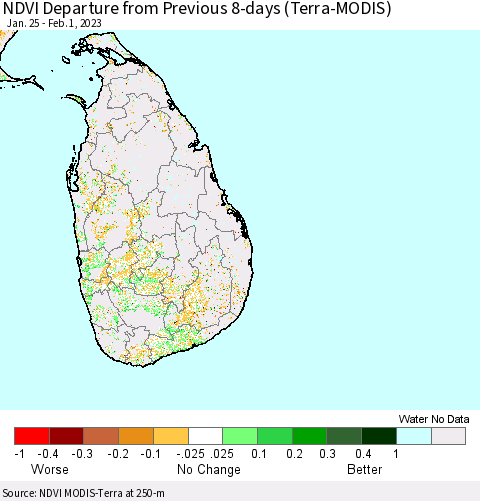 Sri Lanka NDVI Departure from Previous 8-days (Terra-MODIS) Thematic Map For 1/25/2023 - 2/1/2023