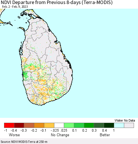 Sri Lanka NDVI Departure from Previous 8-days (Terra-MODIS) Thematic Map For 2/2/2023 - 2/9/2023