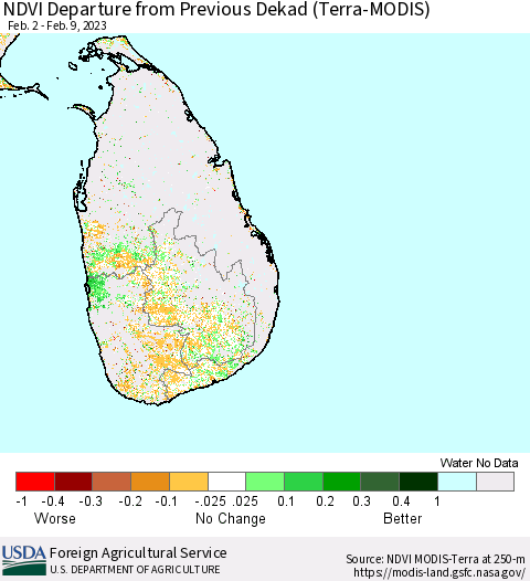 Sri Lanka NDVI Departure from Previous Dekad (Terra-MODIS) Thematic Map For 2/1/2023 - 2/10/2023