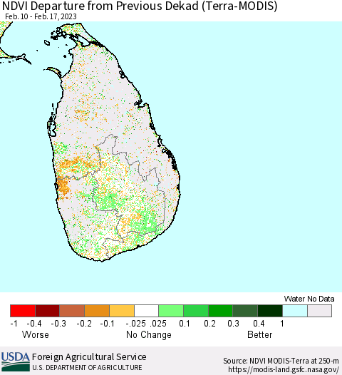 Sri Lanka NDVI Departure from Previous Dekad (Terra-MODIS) Thematic Map For 2/11/2023 - 2/20/2023