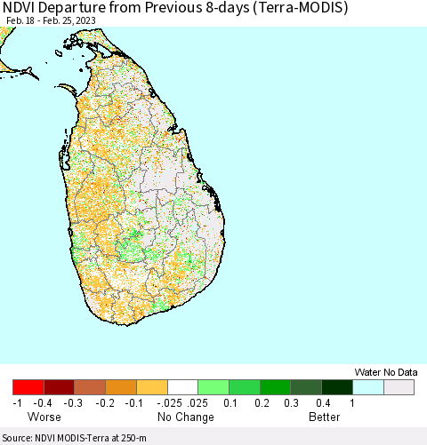 Sri Lanka NDVI Departure from Previous 8-days (Terra-MODIS) Thematic Map For 2/18/2023 - 2/25/2023