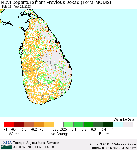 Sri Lanka NDVI Departure from Previous Dekad (Terra-MODIS) Thematic Map For 2/21/2023 - 2/28/2023