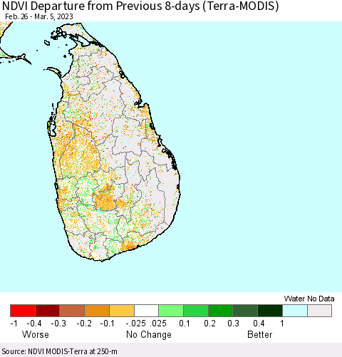 Sri Lanka NDVI Departure from Previous 8-days (Terra-MODIS) Thematic Map For 2/26/2023 - 3/5/2023