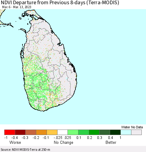 Sri Lanka NDVI Departure from Previous 8-days (Terra-MODIS) Thematic Map For 3/6/2023 - 3/13/2023