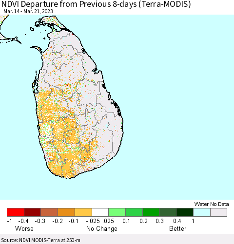 Sri Lanka NDVI Departure from Previous 8-days (Terra-MODIS) Thematic Map For 3/14/2023 - 3/21/2023