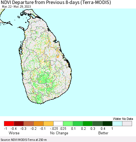 Sri Lanka NDVI Departure from Previous 8-days (Terra-MODIS) Thematic Map For 3/22/2023 - 3/29/2023