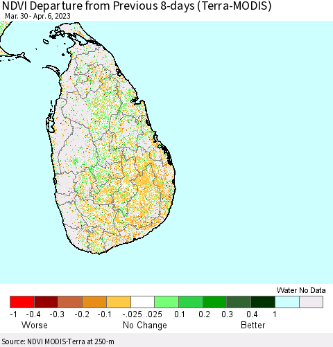 Sri Lanka NDVI Departure from Previous 8-days (Terra-MODIS) Thematic Map For 3/30/2023 - 4/6/2023