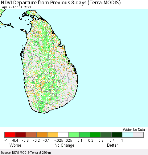 Sri Lanka NDVI Departure from Previous 8-days (Terra-MODIS) Thematic Map For 4/7/2023 - 4/14/2023