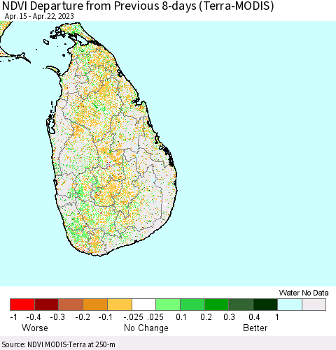 Sri Lanka NDVI Departure from Previous 8-days (Terra-MODIS) Thematic Map For 4/15/2023 - 4/22/2023