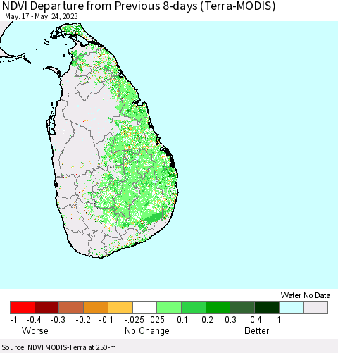 Sri Lanka NDVI Departure from Previous 8-days (Terra-MODIS) Thematic Map For 5/17/2023 - 5/24/2023