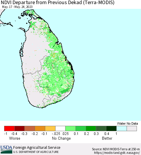 Sri Lanka NDVI Departure from Previous Dekad (Terra-MODIS) Thematic Map For 5/21/2023 - 5/31/2023