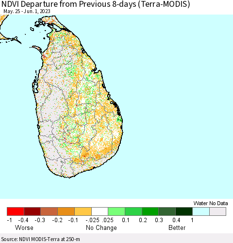 Sri Lanka NDVI Departure from Previous 8-days (Terra-MODIS) Thematic Map For 5/25/2023 - 6/1/2023