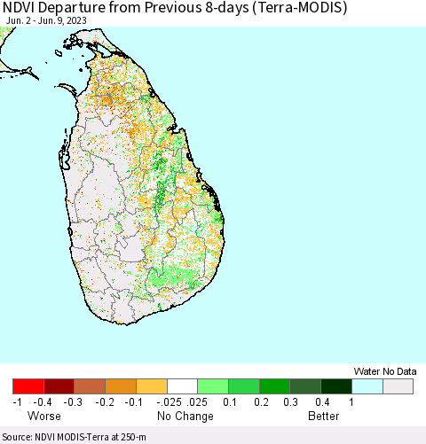 Sri Lanka NDVI Departure from Previous 8-days (Terra-MODIS) Thematic Map For 6/2/2023 - 6/9/2023