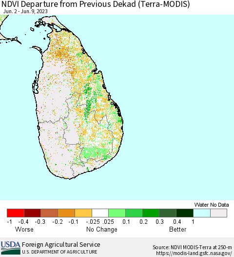 Sri Lanka NDVI Departure from Previous Dekad (Terra-MODIS) Thematic Map For 6/1/2023 - 6/10/2023