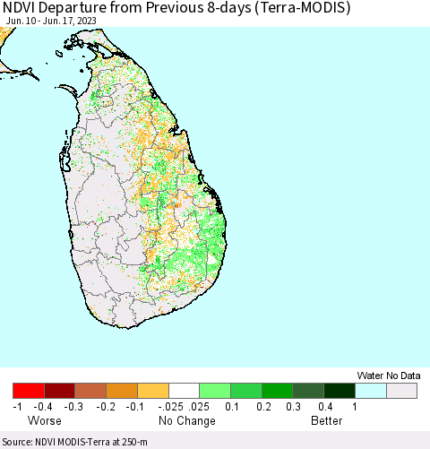 Sri Lanka NDVI Departure from Previous 8-days (Terra-MODIS) Thematic Map For 6/10/2023 - 6/17/2023