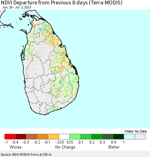 Sri Lanka NDVI Departure from Previous 8-days (Terra-MODIS) Thematic Map For 6/26/2023 - 7/3/2023