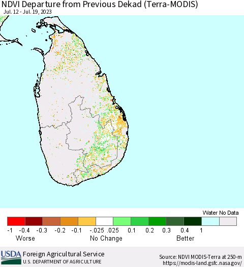 Sri Lanka NDVI Departure from Previous Dekad (Terra-MODIS) Thematic Map For 7/11/2023 - 7/20/2023