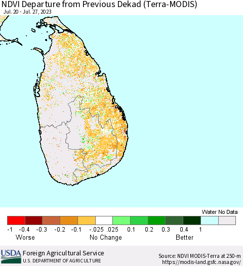 Sri Lanka NDVI Departure from Previous Dekad (Terra-MODIS) Thematic Map For 7/21/2023 - 7/31/2023