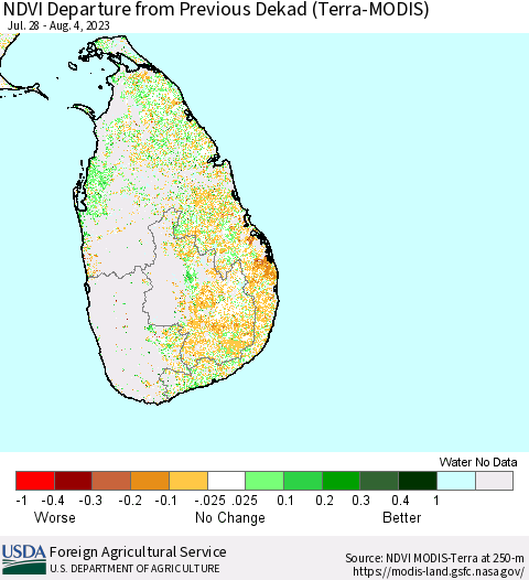 Sri Lanka NDVI Departure from Previous Dekad (Terra-MODIS) Thematic Map For 8/1/2023 - 8/10/2023