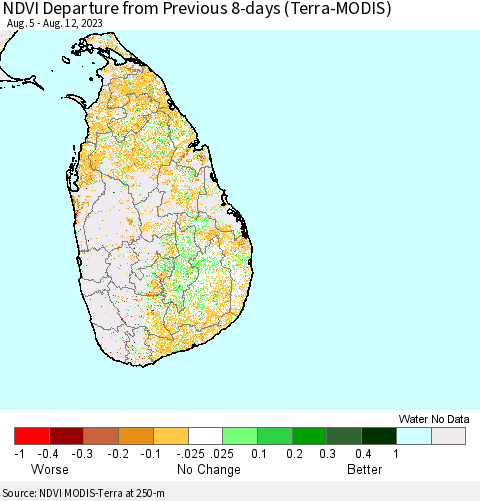 Sri Lanka NDVI Departure from Previous 8-days (Terra-MODIS) Thematic Map For 8/5/2023 - 8/12/2023