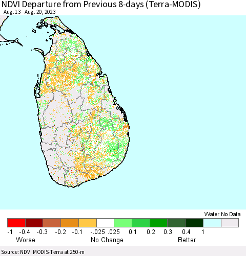 Sri Lanka NDVI Departure from Previous Dekad (Terra-MODIS) Thematic Map For 8/11/2023 - 8/20/2023