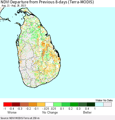 Sri Lanka NDVI Departure from Previous 8-days (Terra-MODIS) Thematic Map For 8/21/2023 - 8/28/2023
