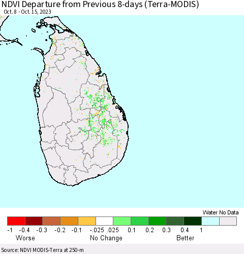 Sri Lanka NDVI Departure from Previous 8-days (Terra-MODIS) Thematic Map For 10/8/2023 - 10/15/2023