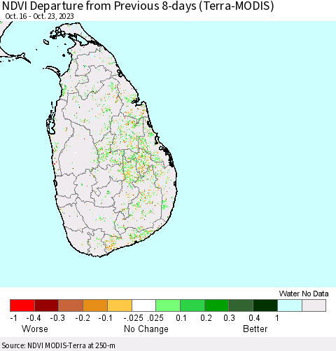 Sri Lanka NDVI Departure from Previous 8-days (Terra-MODIS) Thematic Map For 10/16/2023 - 10/23/2023