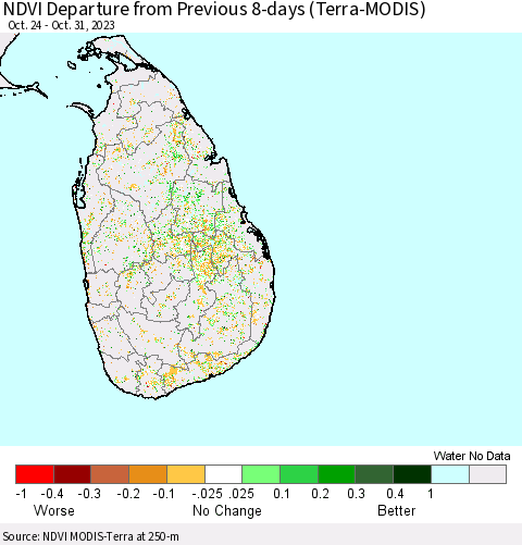 Sri Lanka NDVI Departure from Previous 8-days (Terra-MODIS) Thematic Map For 10/24/2023 - 10/31/2023