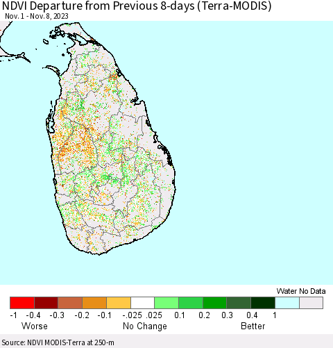 Sri Lanka NDVI Departure from Previous 8-days (Terra-MODIS) Thematic Map For 11/1/2023 - 11/8/2023