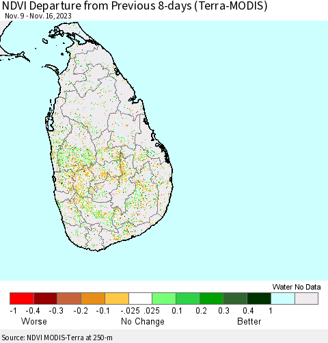Sri Lanka NDVI Departure from Previous 8-days (Terra-MODIS) Thematic Map For 11/9/2023 - 11/16/2023