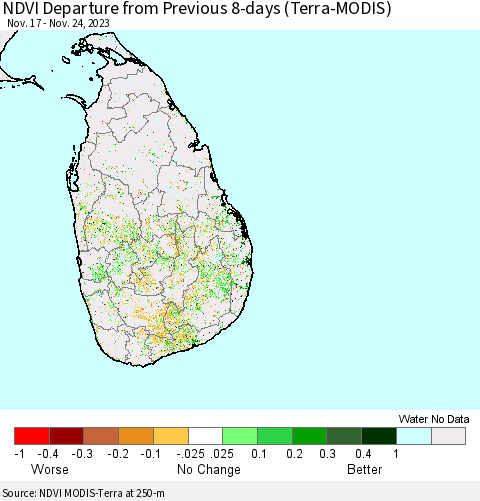 Sri Lanka NDVI Departure from Previous 8-days (Terra-MODIS) Thematic Map For 11/17/2023 - 11/24/2023