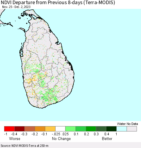 Sri Lanka NDVI Departure from Previous 8-days (Terra-MODIS) Thematic Map For 11/25/2023 - 12/2/2023