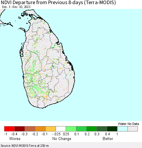 Sri Lanka NDVI Departure from Previous 8-days (Terra-MODIS) Thematic Map For 12/3/2023 - 12/10/2023