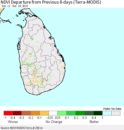 Sri Lanka NDVI Departure from Previous 8-days (Terra-MODIS) Thematic Map For 12/11/2023 - 12/18/2023