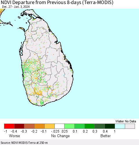Sri Lanka NDVI Departure from Previous 8-days (Terra-MODIS) Thematic Map For 12/27/2023 - 1/3/2024