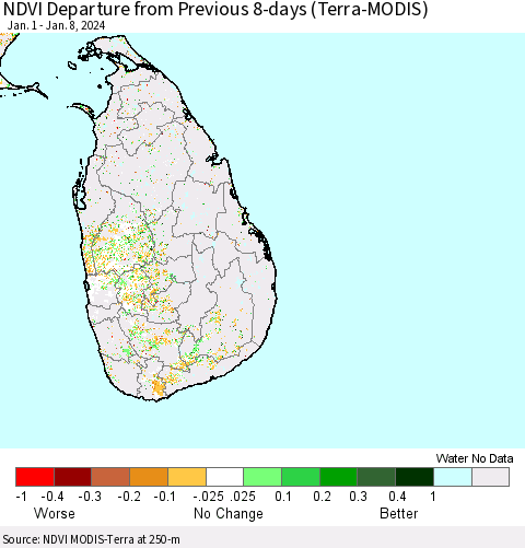 Sri Lanka NDVI Departure from Previous 8-days (Terra-MODIS) Thematic Map For 1/1/2024 - 1/8/2024