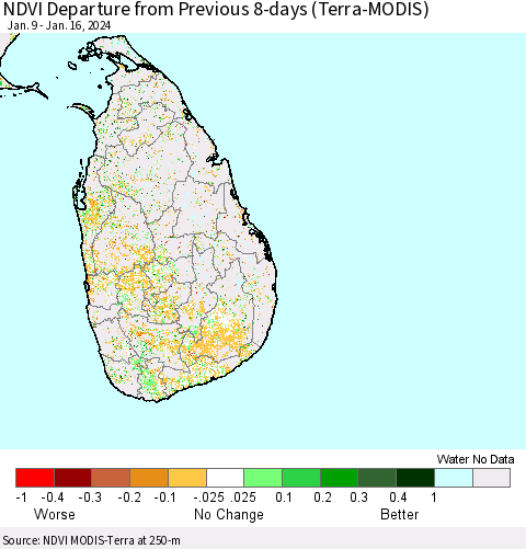 Sri Lanka NDVI Departure from Previous 8-days (Terra-MODIS) Thematic Map For 1/9/2024 - 1/16/2024